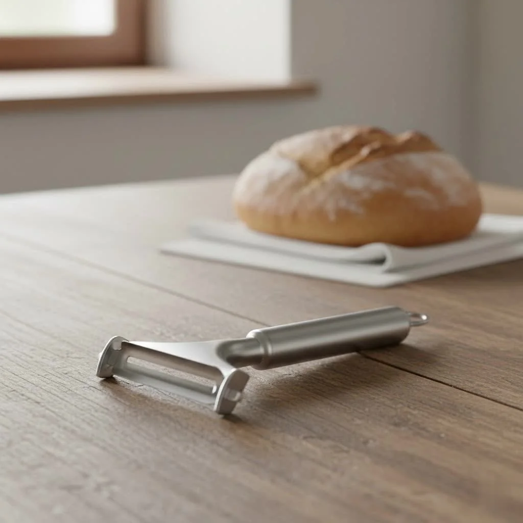 Hand crank potato peeler in action