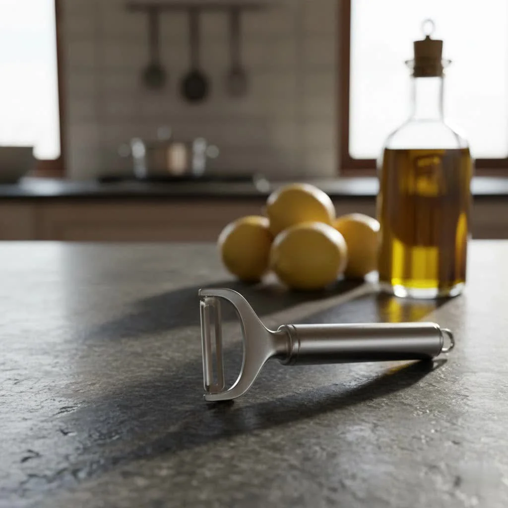 Swivel potato peeler on a cutting board with potatoes