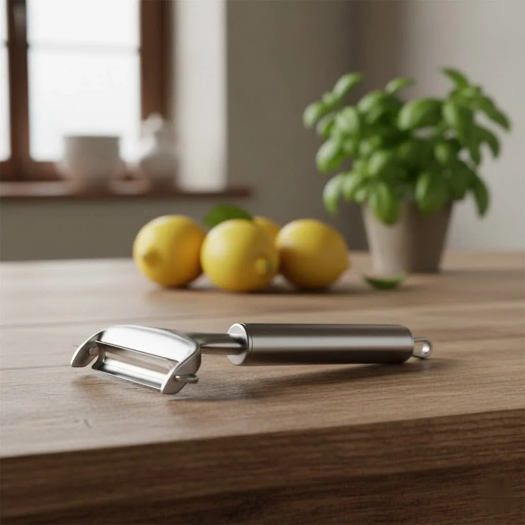 Left-handed person peeling a potato with a specialized peeler