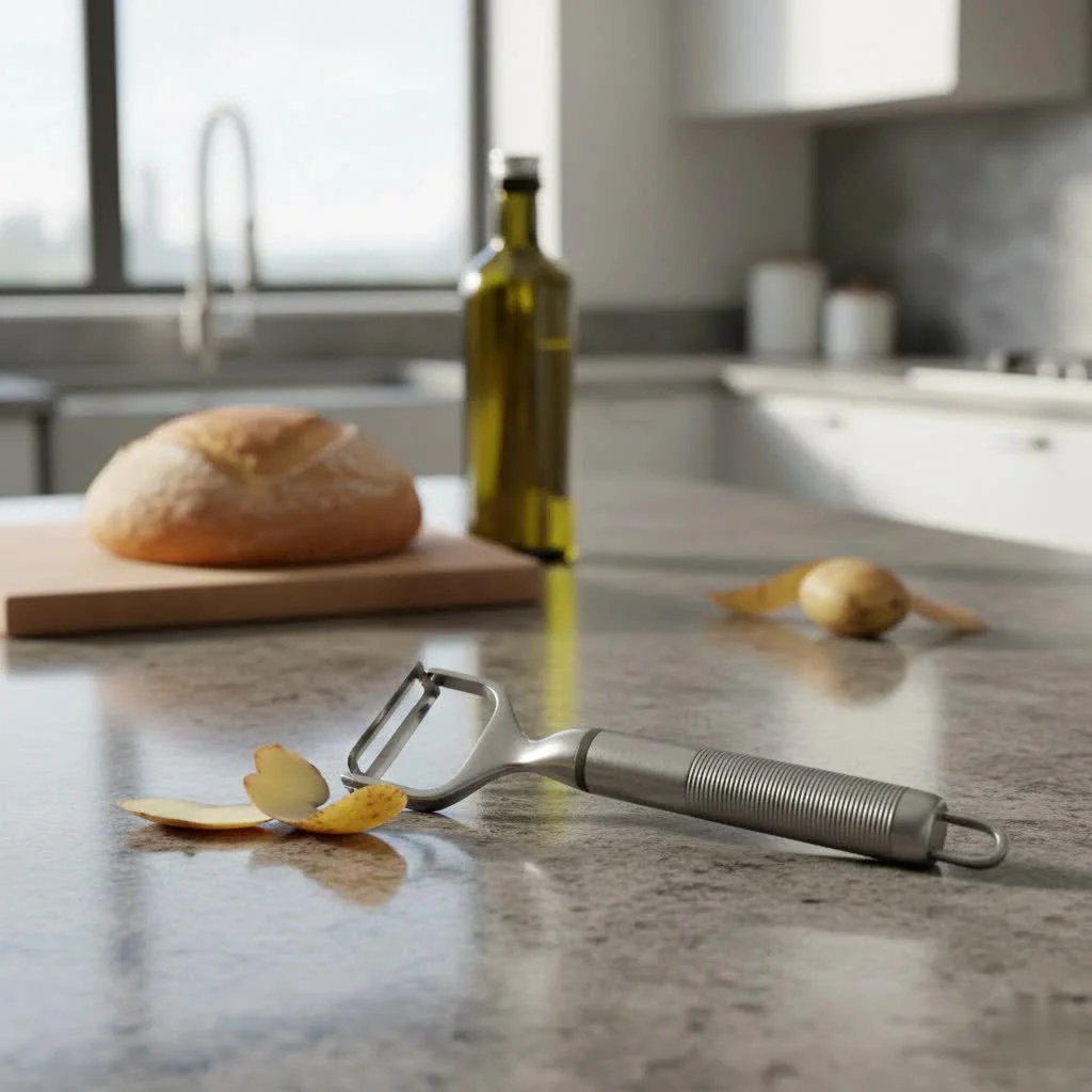Electric potato peeler removing skin from a potato