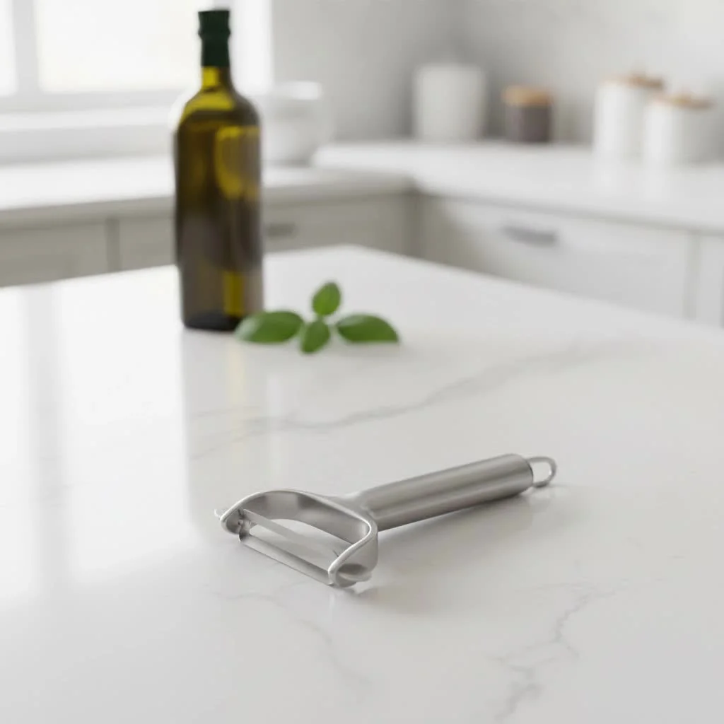 Electric potato and apple peeler in action