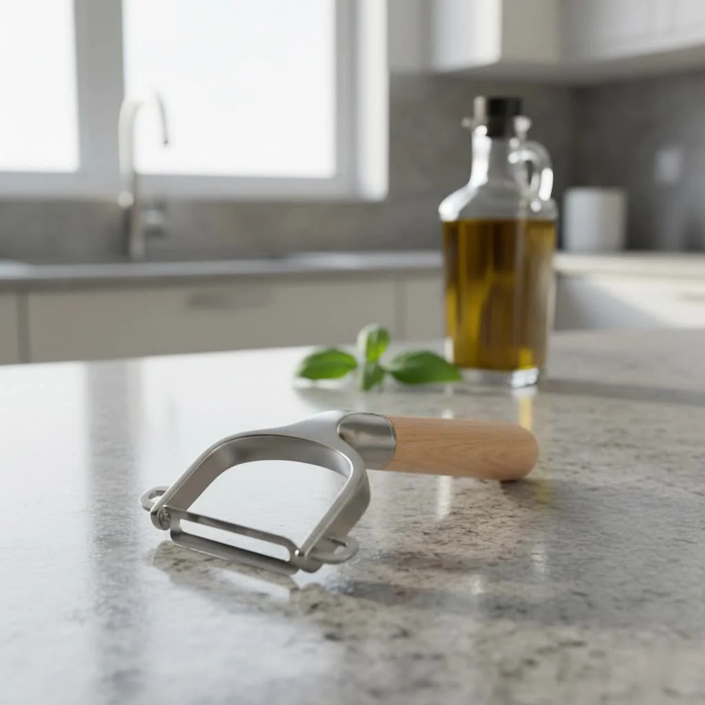 Close-up of a sharp potato peeler blade peeling a potato